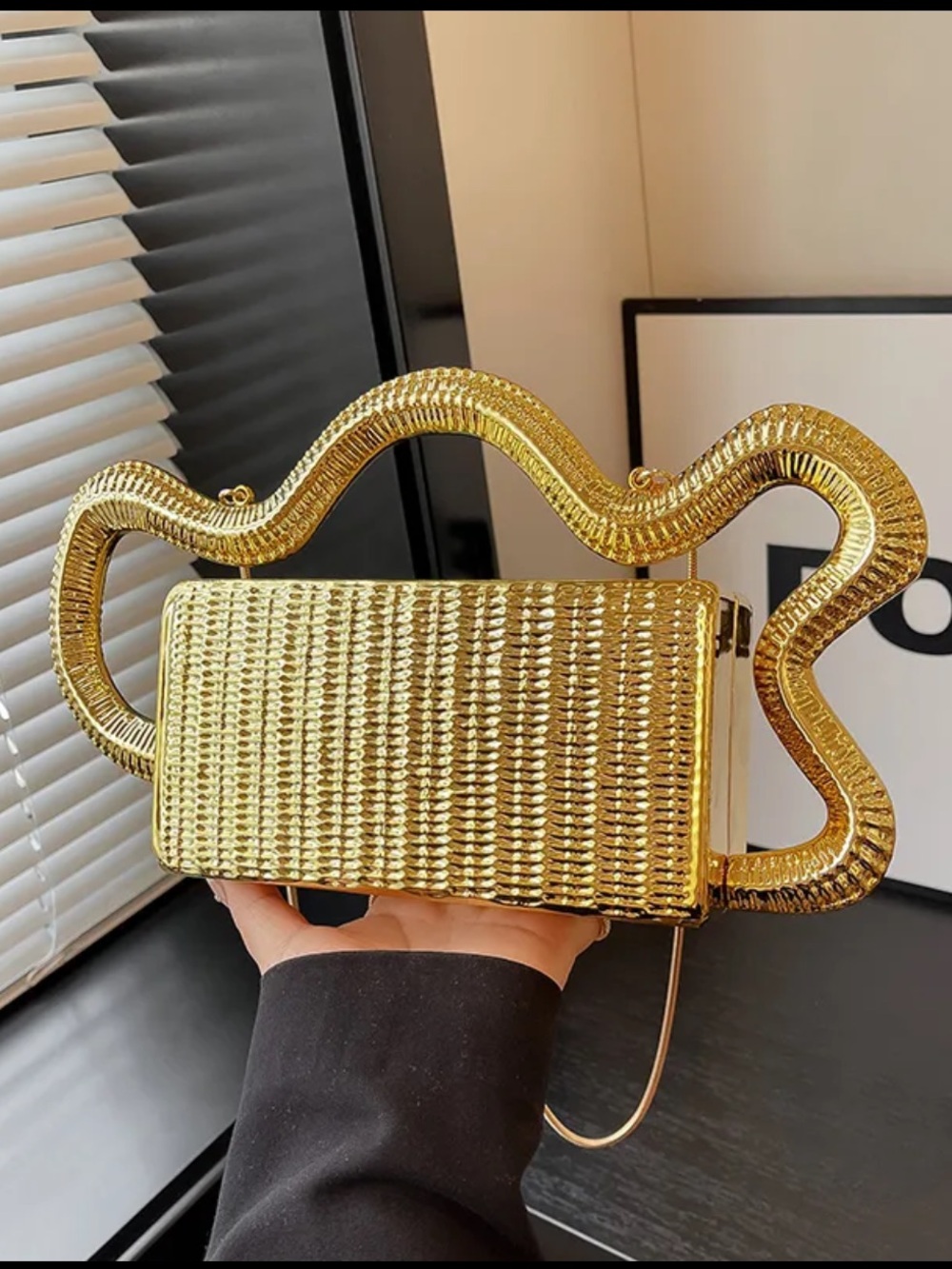 Gold Metallic Sculpted Handle Evening Clutch